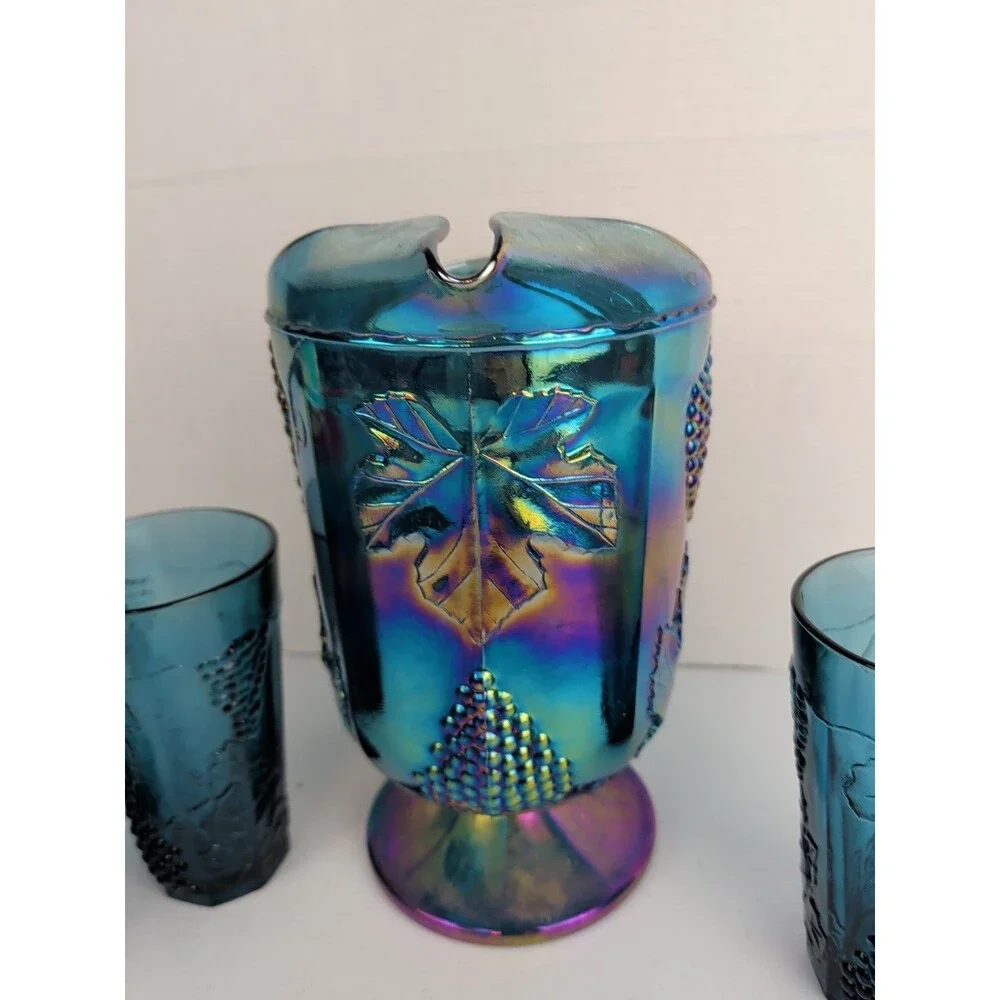 Blue Carnival Glass Harvest Grape Iridescent Pitcher & Tumblers Set 4 Piece Vtg